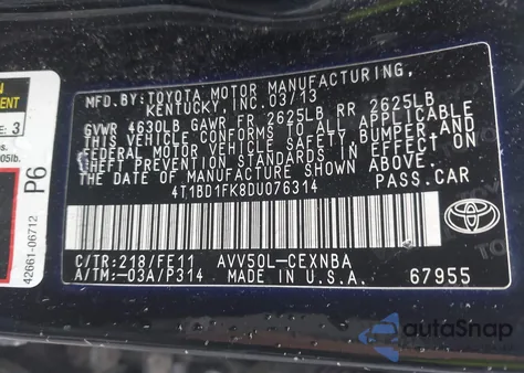 2013 Toyota Camry Hybrid Le from USA, damaged, VIN 4T1BD1FK8DU076314